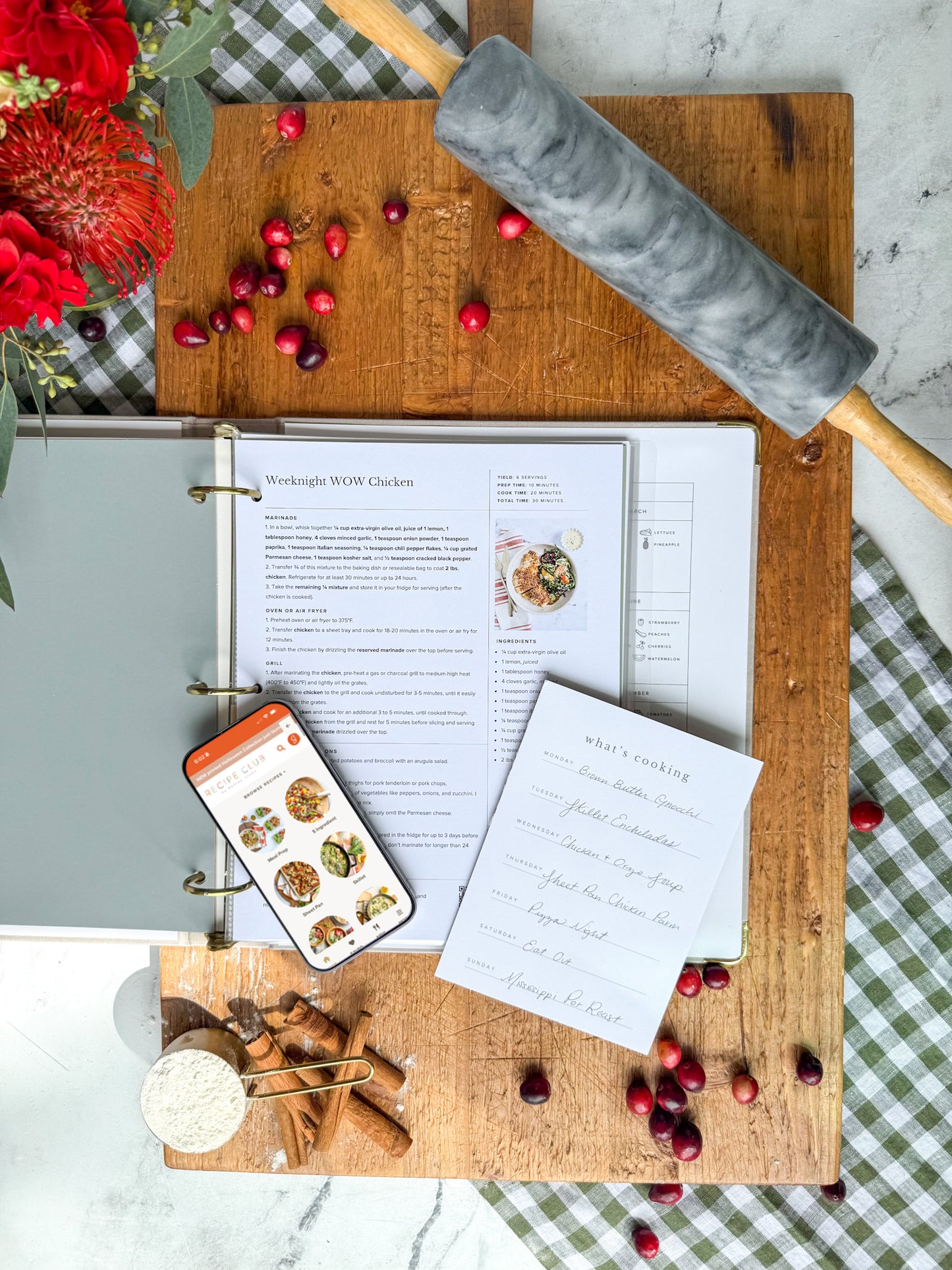 Recipe binder recipe sheet with weekly meal planning list and mobile Recipe Club App