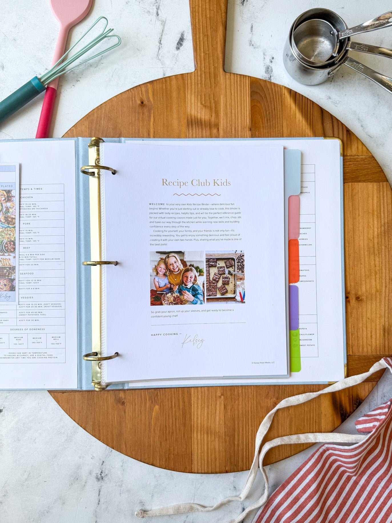 Kids Recipe Binder intro page and 4 tabbed dividers