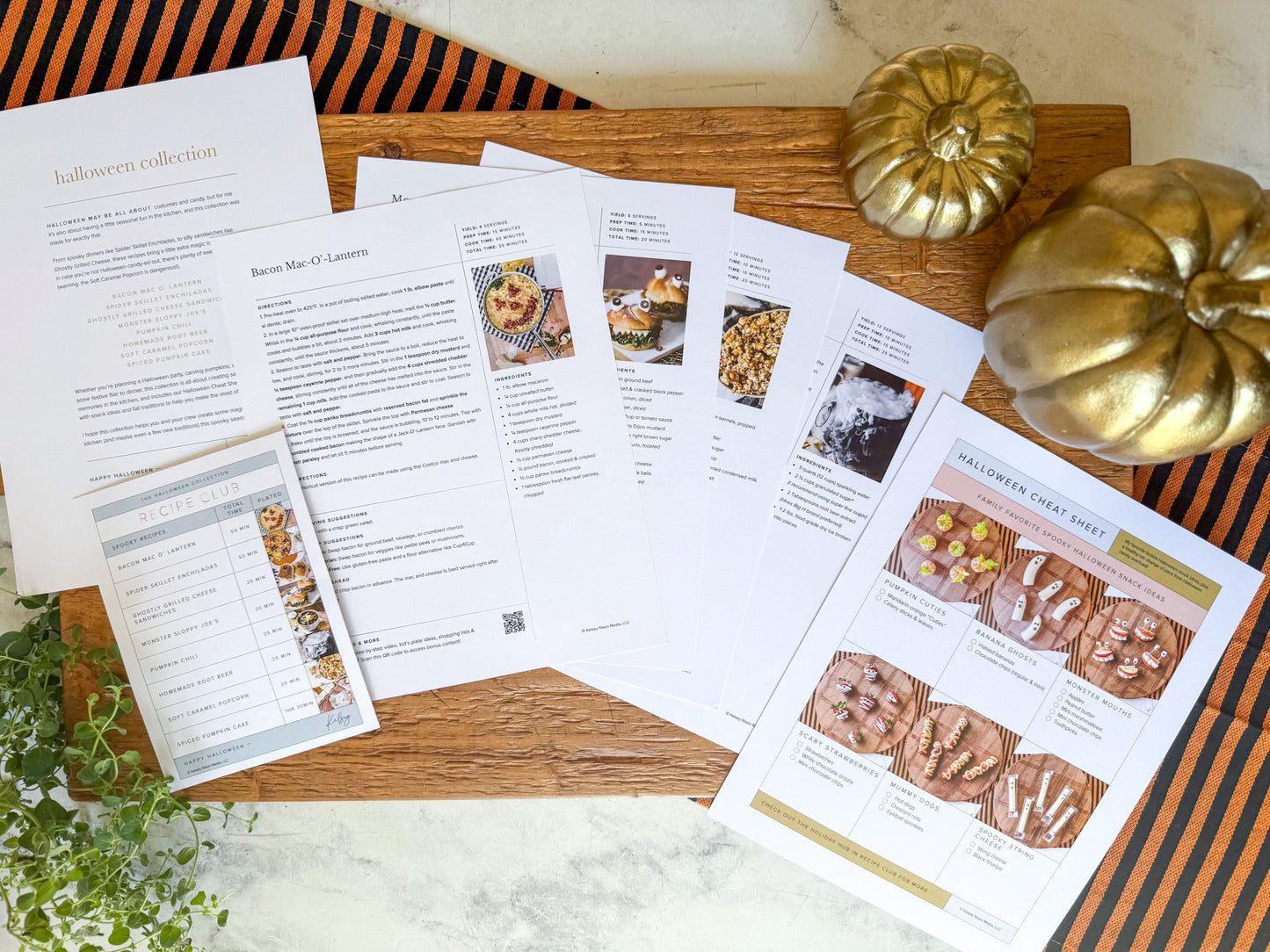 Halloween printed recipe collection featuring Bacon Mac-O-Lantern, cheat sheets and more