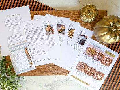 Halloween printed recipe collection featuring Bacon Mac-O-Lantern, cheat sheets and more