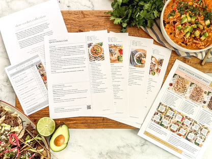 Slow cooker printed recipe collection featuring Queso Chicken Chili and more