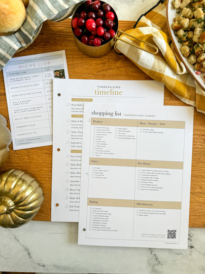 Printed Thanksgiving shopping list, menu and timeline