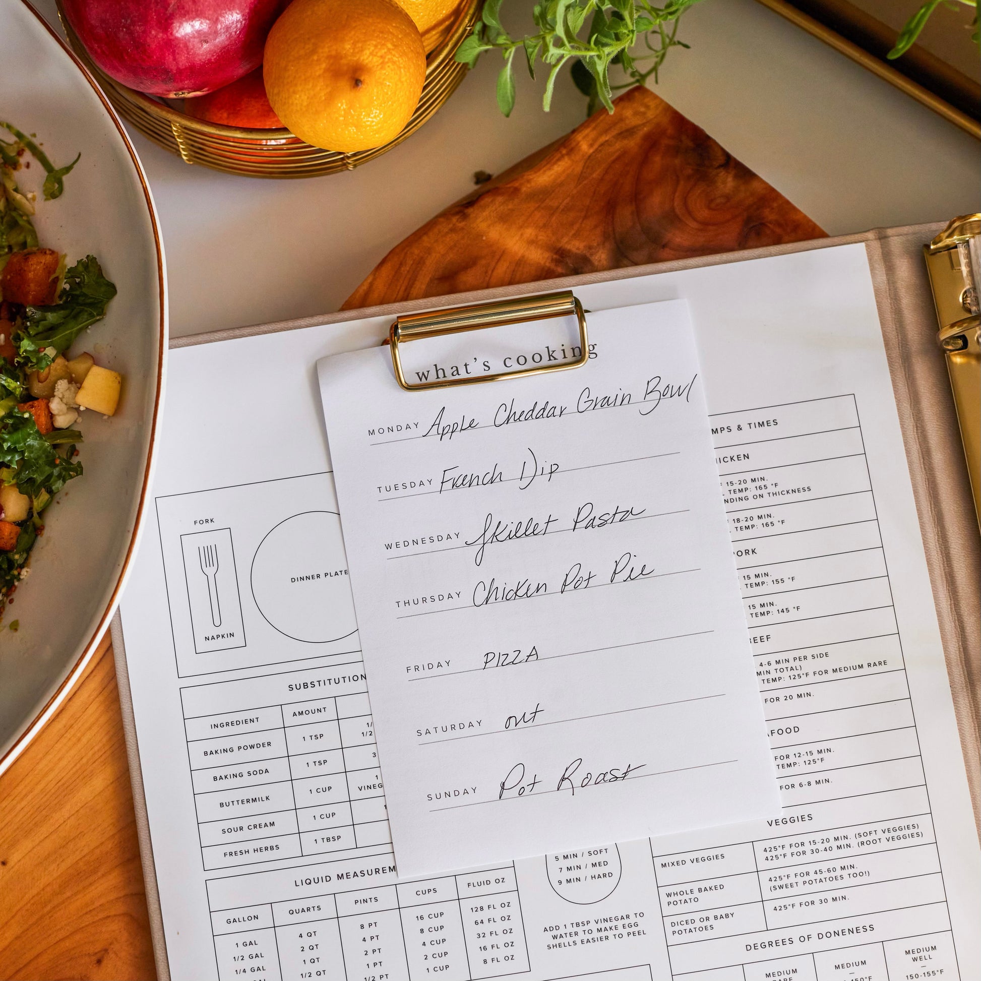Weekly menu planner and easy-to-use measurements and more chart