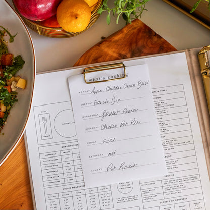 Weekly menu planner and easy-to-use measurements and more chart
