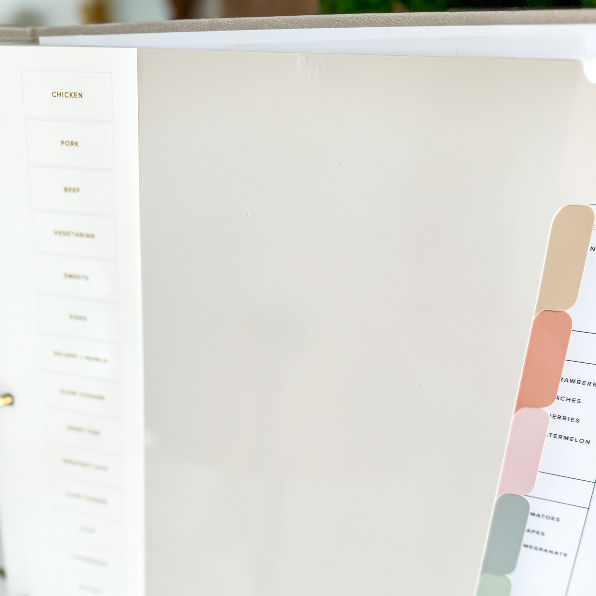 Close up of set of 8 multi-color Recipe Binder divider tabs