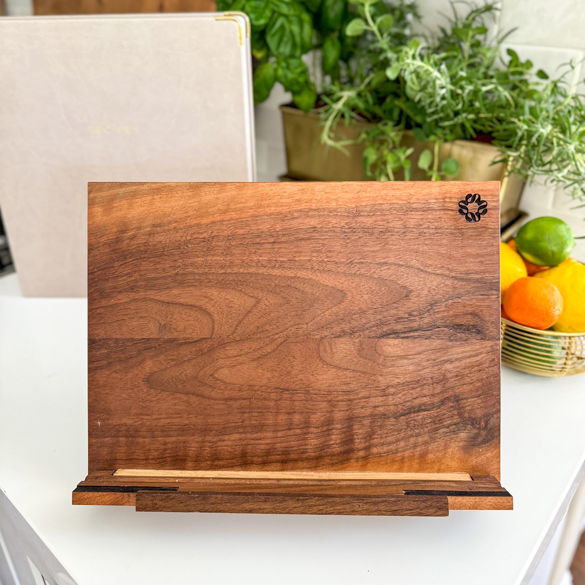 Brown walnut wooden stand for Recipe Binder