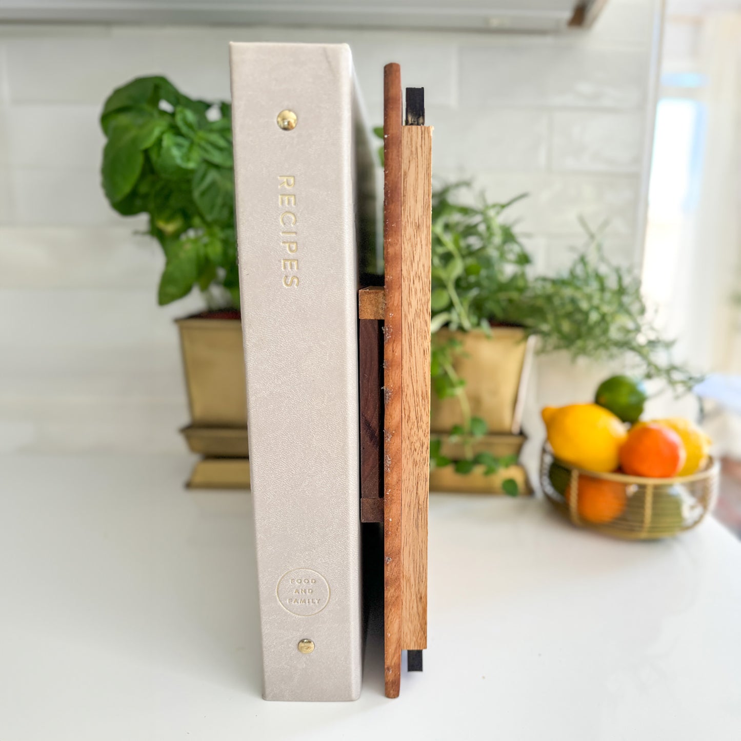 Recipe Binder spine detail with wooden stand for kitchen