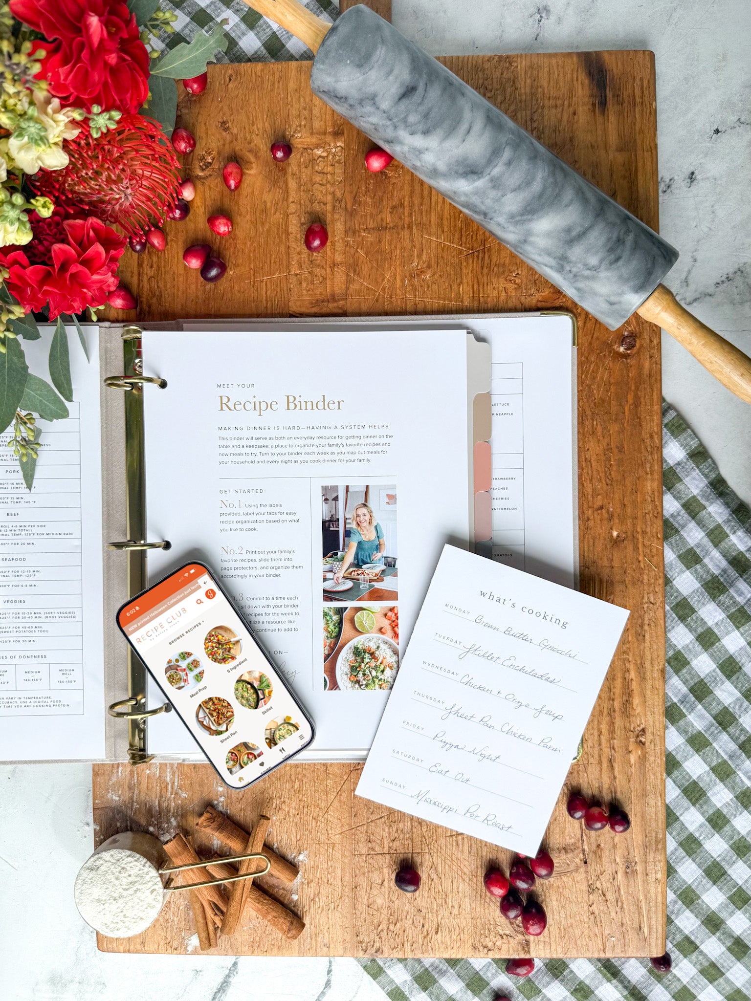 Recipe Binder welcome page with What's Cooking weekly schedule
