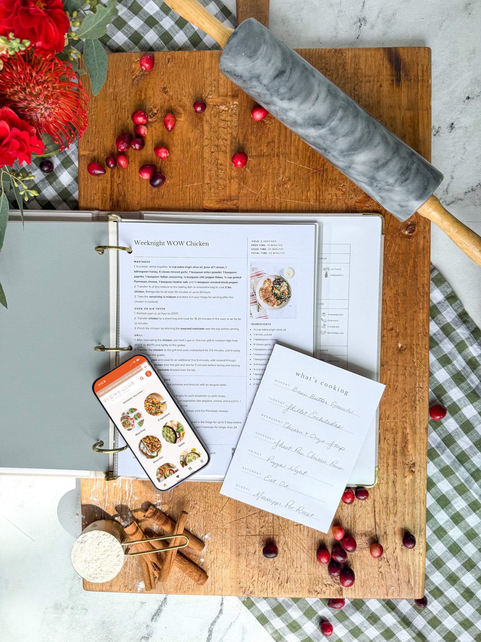 Recipe binder recipe sheet with weekly meal planning list and mobile Recipe Club App