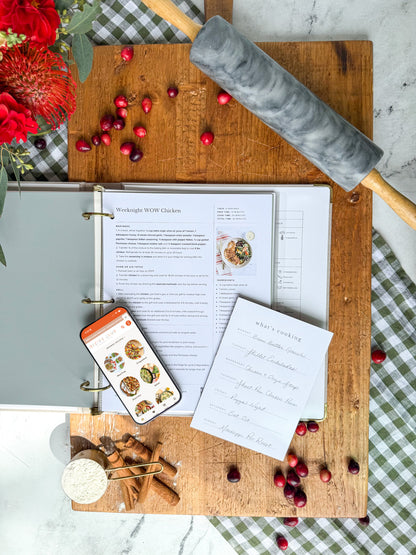 Recipe binder recipe sheet with weekly meal planning list and mobile Recipe Club App