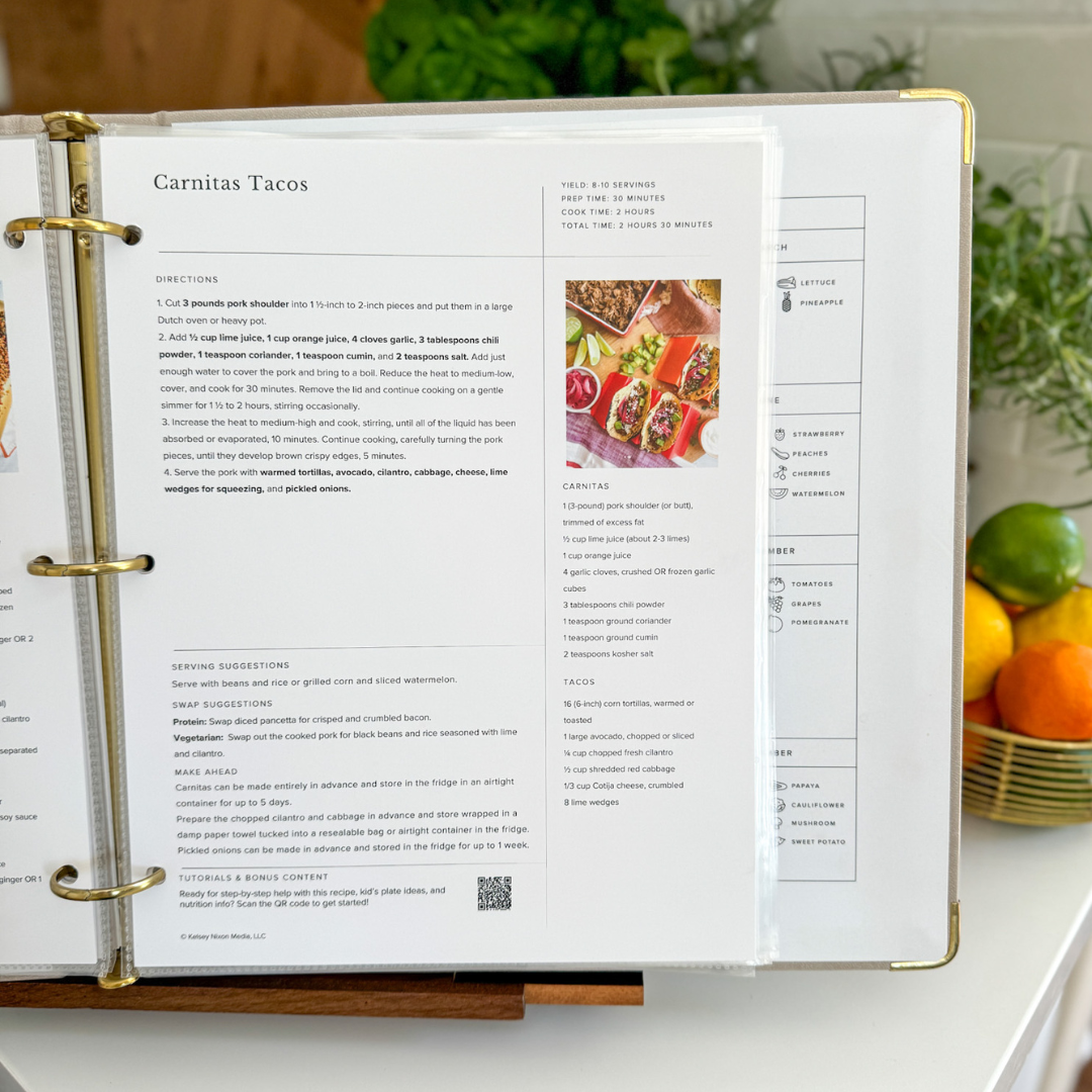 Carnitas Tacos printed recipe page in 3-ring binder