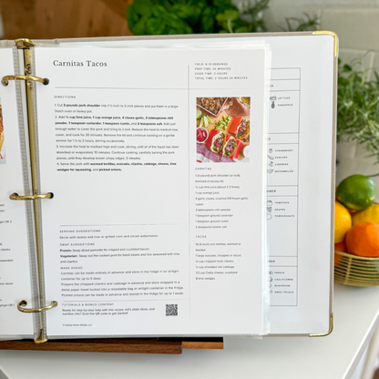 Carnitas Tacos printed recipe page in 3-ring binder