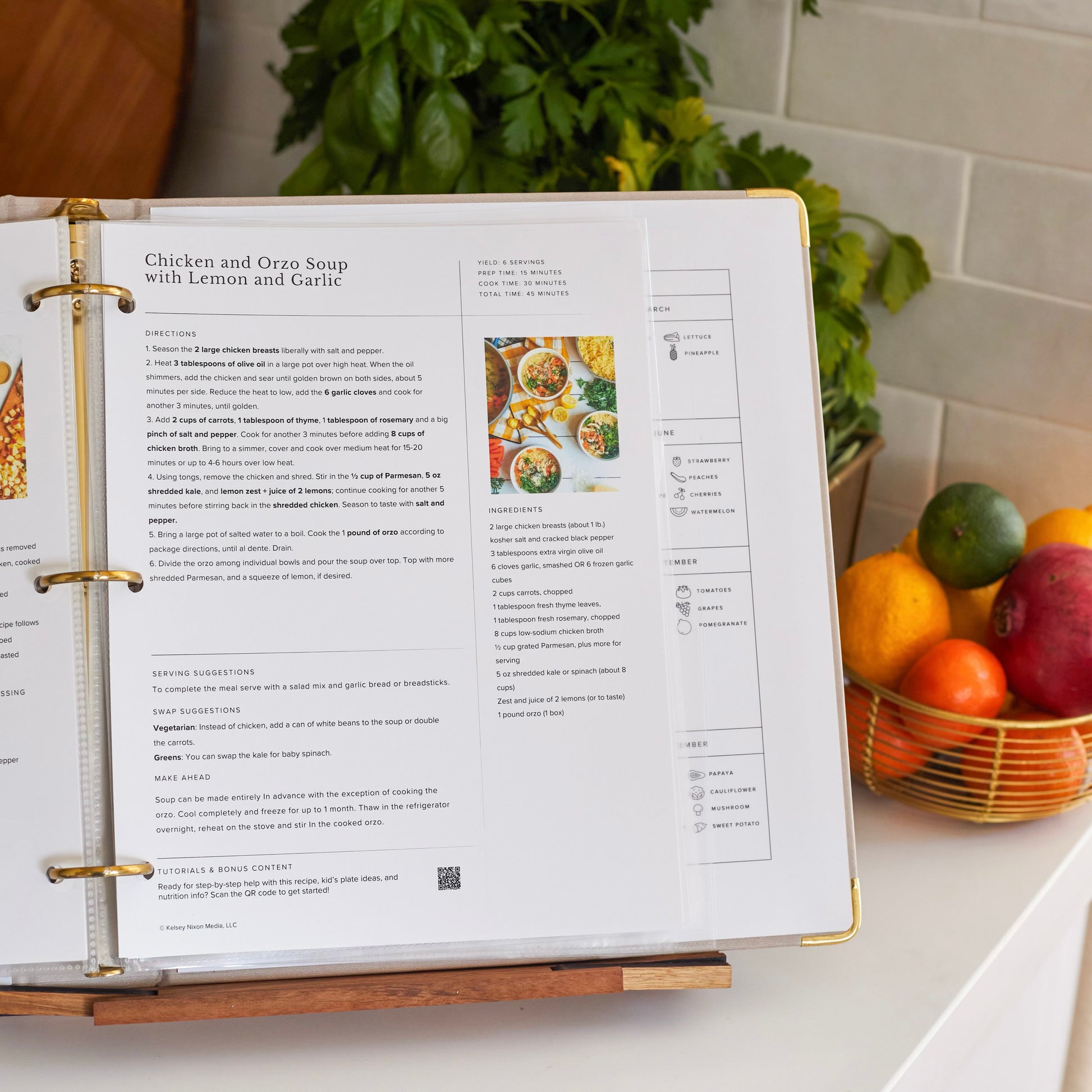 Chicken Orzo Soup with Lemon and Garlic printed recipe in 3-ring binder