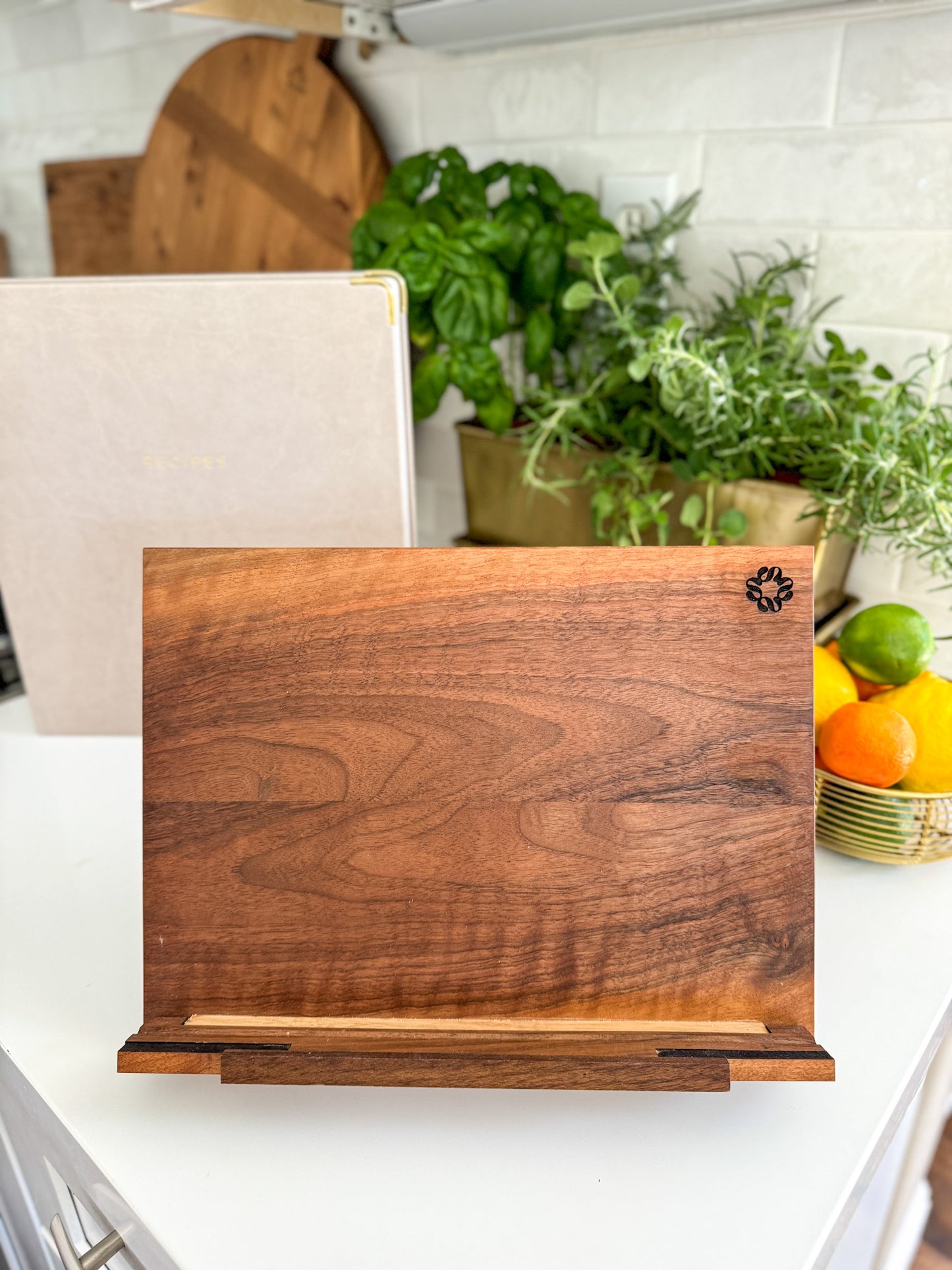 Brown walnut wooden stand for Recipe Binder
