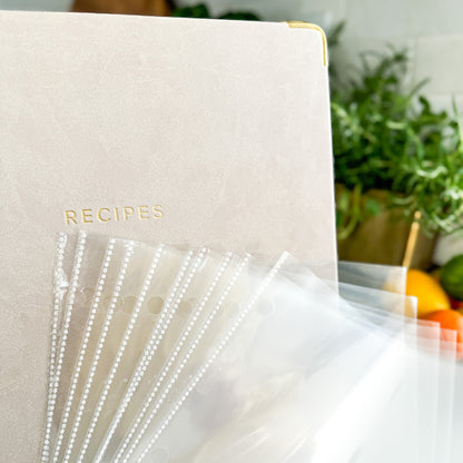 Recipe Club binder featuring sheet protectors for 8.5 x 11 paper